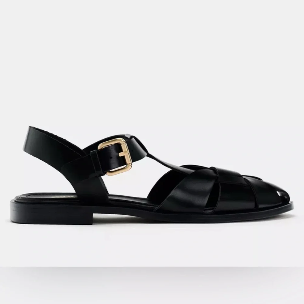 Zara Black Braided Leather Sandals with Gold Buckle - Picture 4 of 7
